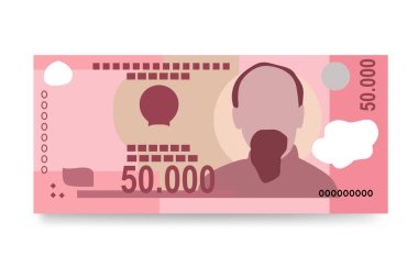 Vietnam Dong Vektör İllüstrasyonu. Vietnam parası tomarla para biriktirdi. Kağıt para 50000 VND. Düz stil. Beyaz arka planda izole edilmiş. Basit minimal tasarım