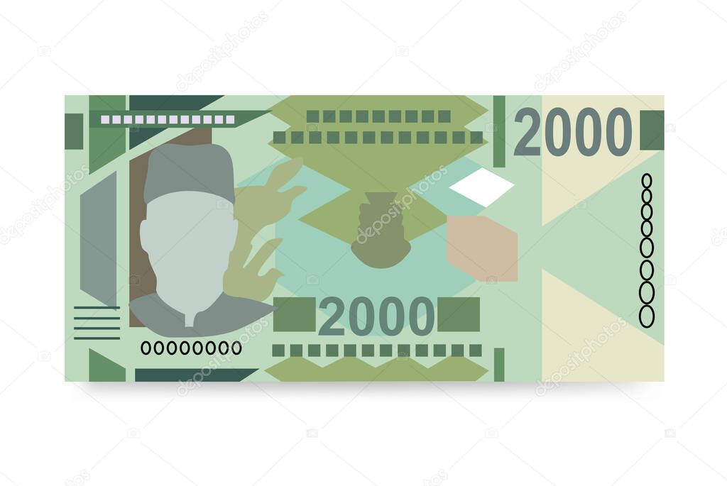 Guinean Franc Vector Illustration. Guinea money set bundle banknotes. Paper money 2000 GNF. Flat style. Isolated on white background. Simple minimal design.