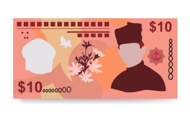 Brunei Dolar Vektör İllüstrasyonu. Brunei parası demet banknotlar hazırladı. Kağıt para 10 BND. Düz stil. Beyaz arka planda izole edilmiş. Basit minimal tasarım.