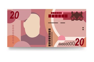Pula Vektör İllüstrasyonu. Botswana parası tomarla para ayarladı. Kâğıt parası 20 BWP. Düz stil. Beyaz arka planda izole edilmiş. Basit minimal tasarım.