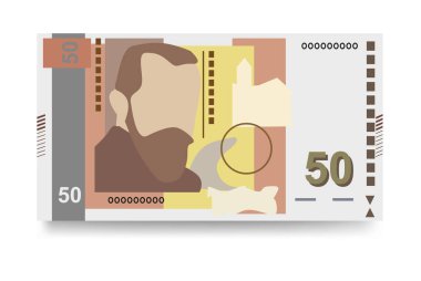 Bulgar Lev Vector Illustration. Bulgaristan 'ın parası tomarla para biriktirdi. Kağıt para 50 BGN. Düz stil. Beyaz arka planda izole edilmiş. Basit minimal tasarım.