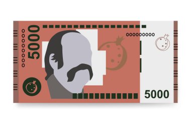 Ermeni Dram Vektör İllüstrasyonu. Ermenistan, Artsakh parası, tomarla para. Kağıt para 5000 AMD. Düz stil. Beyaz arka planda izole edilmiş. Basit minimal tasarım.