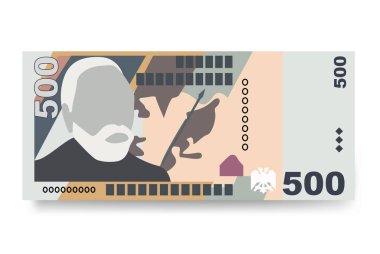 Arnavut Lek Vector Illustration. Arnavutluk 'un parası tomarla para biriktirdi. Kağıt para 500 hepsi. Düz stil. Beyaz arka planda izole edilmiş. Basit minimal tasarım.