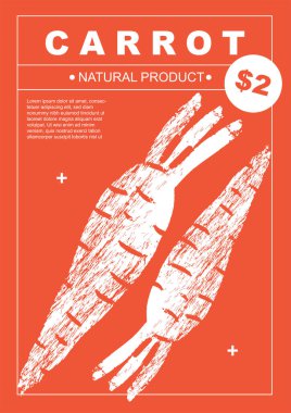 Havuç. Soyut bir çizim tasarımında meyve ve sebze posterleri. Etiket ya da poster, fiyat etiketi. Basit, düz tasarım. Örnekler ve arka planlar. Poster, kapak, afiş için mükemmel.