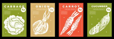 Lahana, soğan, havuç, salatalık. Soyut çizim tasarımlı sebze posterleri. Etiket ya da poster, fiyat etiketi. Basit, düz tasarım. Örnekler ve arka planlar. Poster, kapak, afiş için mükemmel.