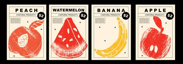 Peach Watermelon Banana Apple Set Posters Fruits Berries Abstract Draw — Vector de stock