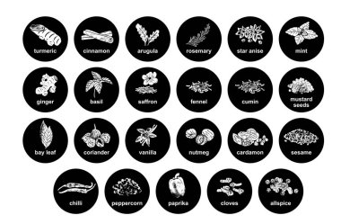 Baharatlar, bitkiler çıkartmalar ve etiketler. Yemek hazırlama ve aşçılık için farklı renk paketleri. Bitkilerle dolu çantalar. Biberiye, yıldız anason, zencefil, fesleğen ve naneli organik ürün..