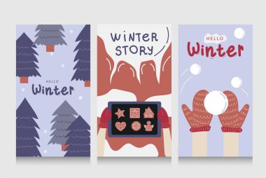 Colorful winter banners with falling snowflakes, snowy trees. Set of abstract winter backgrounds for social media stories. Use for event invitation, discount voucher, ad. social media