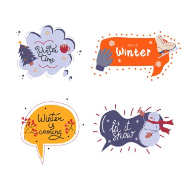 Hello, Winter. Set of cute vector objects: Winter speech bubbles. Illustrations for poster, background or card