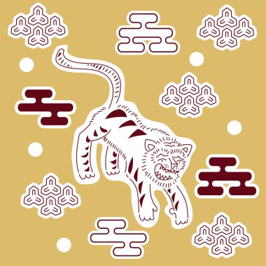 Merhaba, Winter. Şirin vektör nesneleri seti: kaplan, Çin deseni. Poster, arkaplan veya kart çizimleri