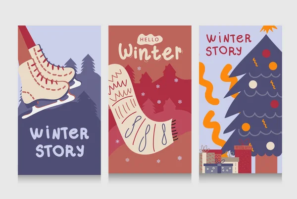 Colorful Winter Banners Falling Snowflakes Snowy Trees Set Abstract Winter — Stockový vektor