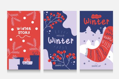 Yağan kar taneleri, karlı ağaçları olan renkli kış afişleri. Sosyal medya hikayeleri için soyut kış geçmişleri. Olay daveti, indirim kuponu, ilan için kullan.