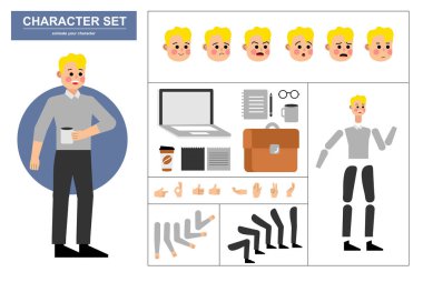 3\ 4 canlandırılmış karakter görüntüsü. Muhtelif görüşleri, yüz ifadeleri, pozları, jestleri ve ofis aletleri olan bir ofis çalışanı. Çizgi film biçimi, düz vektör çizimi