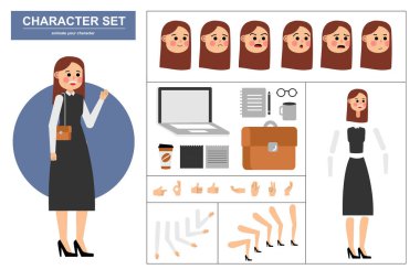 3\ 4 canlandırılmış karakter görüntüsü. Çeşitli görüşleri, yüz ifadeleri, pozları, jestleri ve ofis aletleriyle ofis kadını karakter yapıcı. Çizgi film biçimi, düz vektör çizimi