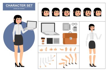 3\ 4 canlandırılmış karakter görüntüsü. Çeşitli görüşleri, yüz ifadeleri, pozları, jestleri ve ofis aletleriyle ofis kadını karakter yapıcı. Çizgi film biçimi, düz vektör çizimi