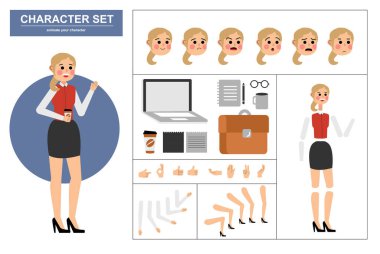 3\4 view animated characters. Office woman character constructor with various views, face emotions, poses, gestures and office tools. Cartoon style, flat vector illustration