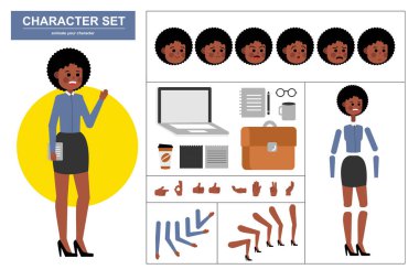3\ 4 canlandırılmış karakter görüntüsü. Değişik görüşleri, yüz ifadeleri, pozları, jestleri ve ofis aletleriyle ofis afro kadın karakter yapıcı. Çizgi film biçimi, düz vektör çizimi