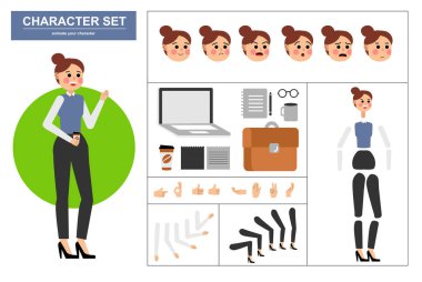 3\ 4 canlandırılmış karakter görüntüsü. Çeşitli görüşleri, yüz ifadeleri, pozları, jestleri ve ofis aletleriyle ofis kadını karakter yapıcı. Çizgi film biçimi, düz vektör çizimi