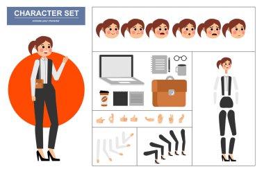 3\ 4 canlandırılmış karakter görüntüsü. Çeşitli görüşleri, yüz ifadeleri, pozları, jestleri ve ofis aletleriyle ofis kadını karakter yapıcı. Çizgi film biçimi, düz vektör çizimi