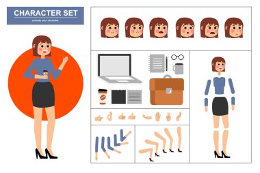 3\ 4 canlandırılmış karakter görüntüsü. Çeşitli görüşleri, yüz ifadeleri, pozları, jestleri ve ofis aletleriyle ofis kadını karakter yapıcı. Çizgi film biçimi, düz vektör çizimi