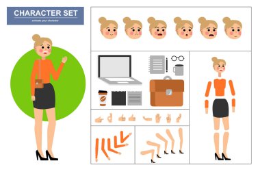 3\ 4 canlandırılmış karakter görüntüsü. Çeşitli görüşleri, yüz ifadeleri, pozları, jestleri ve ofis aletleriyle ofis kadını karakter yapıcı. Çizgi film biçimi, düz vektör çizimi