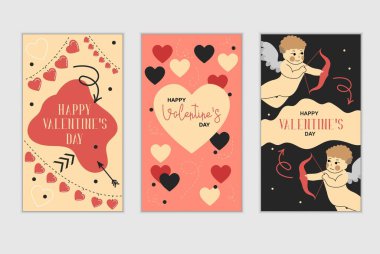 Sevgililer Günün kutlu olsun. Moda soyut sanat şablonları. Sosyal medya hikayeleri, mobil uygulamalar, afişler tasarımı ve internet reklamları için uygun. Düz biçim