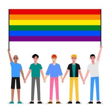 Çok ırklı eşcinsel çift olmaktan gurur duyar. Genç homoseksüeller birbirlerini seviyorlar. Element lgbt ve gay geçit töreni, protesto. lgbt adamı ile vektör illüstrasyonu