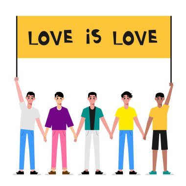 Multiethnic gay couple are proud to be. Young homosexuals gay couple love each other. Element lgbt and gay parade, protest. Vector illustration with lgbt man