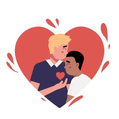 Çok ırklı eşcinsel çift olmaktan gurur duyar. Genç homoseksüeller birbirlerini seviyorlar. Element lgbt ve gay geçit töreni, protesto. lgbt adamı ile vektör illüstrasyonu