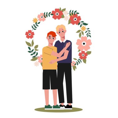 Çok ırklı eşcinsel çift olmaktan gurur duyar. Genç homoseksüeller birbirlerini seviyorlar. Element lgbt ve gay geçit töreni, protesto. lgbt adamı ile vektör illüstrasyonu