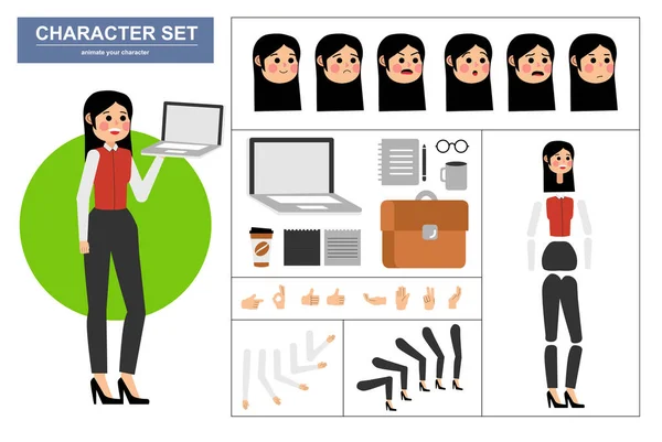 View Animated Characters Office Woman Character Constructor Various Views Face — 스톡 벡터