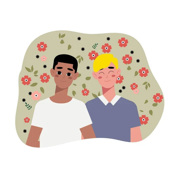 Multiethnic Gay Couple Proud Young Homosexuals Gay Couple Love Each — Stockvector