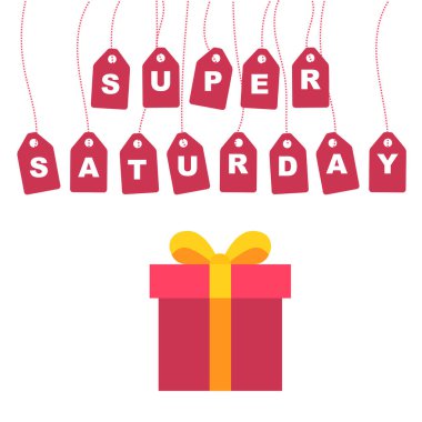 Süper cumartesi indirimi afişi. Bir günlük anlaşma, özel teklif, büyük indirim, geçiş izni. Sosyal medya, hikayeler, afişler, davetiye, poster, tebrik kartı için düz zemin. Vektör illüstrasyonu.
