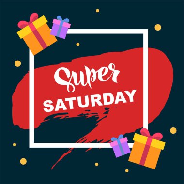 Süper cumartesi indirimi afişi. Bir günlük anlaşma, özel teklif, büyük indirim, geçiş izni. Sosyal medya, hikayeler, afişler, davetiye, poster, tebrik kartı için düz zemin. Vektör illüstrasyonu.