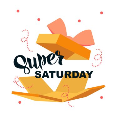 Süper cumartesi indirimi afişi. Bir günlük anlaşma, özel teklif, büyük indirim, geçiş izni. Sosyal medya, hikayeler, afişler, davetiye, poster, tebrik kartı için düz zemin. Vektör illüstrasyonu.