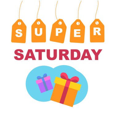 Süper cumartesi indirimi afişi. Bir günlük anlaşma, özel teklif, büyük indirim, geçiş izni. Sosyal medya, hikayeler, afişler, davetiye, poster, tebrik kartı için düz zemin. Vektör illüstrasyonu.