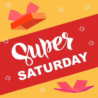 Süper cumartesi indirimi afişi. Bir günlük anlaşma, özel teklif, büyük indirim, geçiş izni. Sosyal medya, hikayeler, afişler, davetiye, poster, tebrik kartı için düz zemin. Vektör illüstrasyonu.