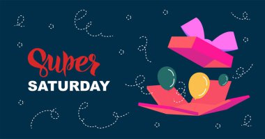 Süper cumartesi indirimi afişi. Bir günlük anlaşma, özel teklif, büyük indirim, geçiş izni. Sosyal medya, hikayeler, afişler, davetiye, poster, tebrik kartı için düz zemin. Vektör illüstrasyonu.