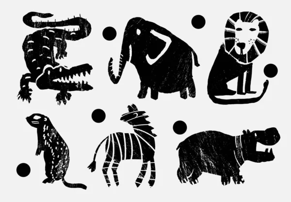 Набор Абстрактных Диких Животных Джунгли Лесная Птица Крокодил Слон Лев — стоковый вектор