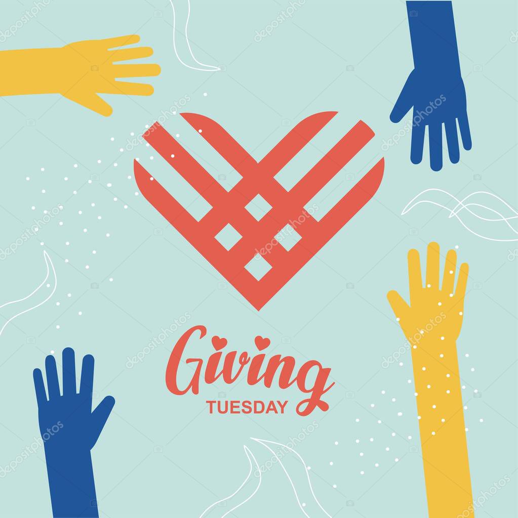 Happy Giving Tyesday. Trendy abstract art templates with hand, logo, dots. Set of flat backgrounds for social media, stories, banners, invitation card, poster, greeting card, header for website
