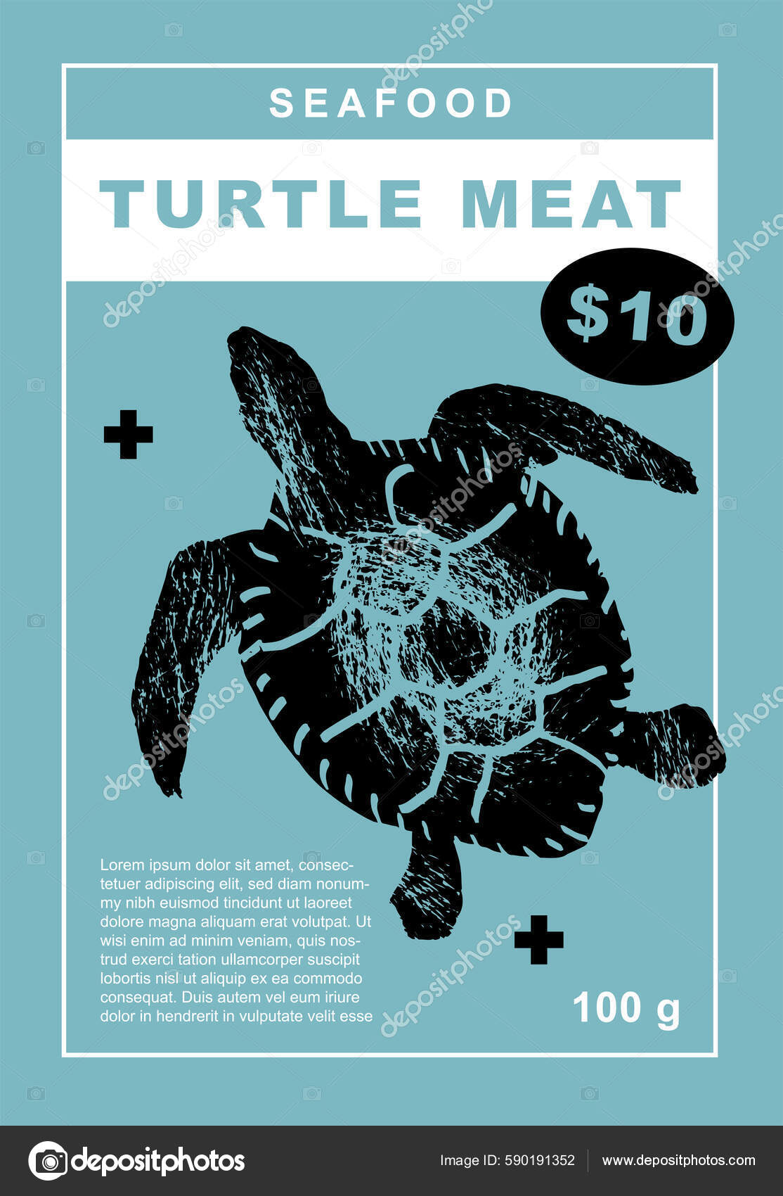 Turtle Meat Set Posters Fishes Seafood Abstract Draw Design Label Stock