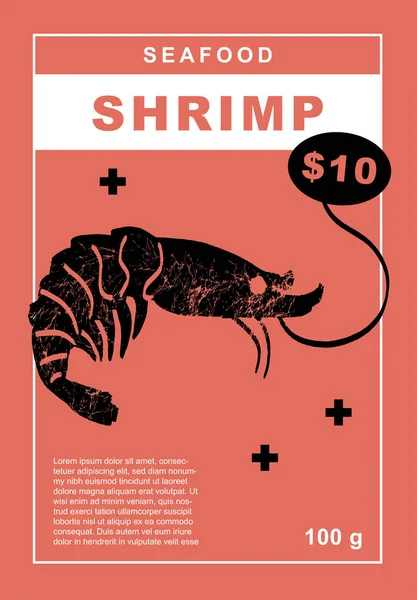 Shrimp Set Posters Fishes Seafood Abstract Draw Design Label Poster — Vector de stock