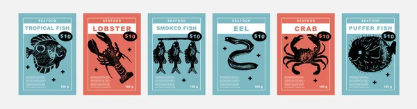 Tropical Fish Lobster Smoked Fish Eel Crab Puffer Fish Set — Vector de stock