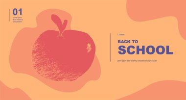 Elma, meyve. Soyut, vektör çizimleri. Okula geri dön. Okul temalarındaki öğeler ve nesneler, afiş ve afiş için basit bir arka plan. Okul geçmişi.