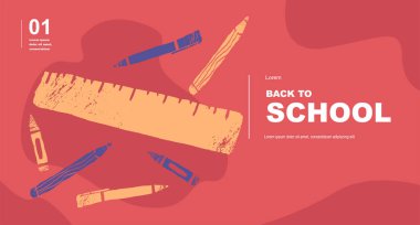 Cetvel, kalem, kalem, kalem. Soyut, vektör çizimleri. Okula geri dön. Okul temalarındaki öğeler ve nesneler, afiş ve afiş için basit bir arka plan. Okul geçmişi.
