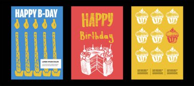 Doğum günü. Pastalı, balonlu, mumlu, hediyeli, süslü posterlerden oluşan büyük bir koleksiyon. Basit, eğlenceli, vektör çizimleri. Doğum günün kutlu olsun. Örnekler ve arka planlar. Poster, kapak, afiş.