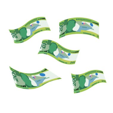 Philippine Peso Vector Illustration. Philippines money set bundle banknotes. Falling, flying money 200 PHP. Flat style. Isolated on white background. Simple minimal design.