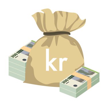 Danish Krone Vector Illustration. Denmark, Greenland, Faroe Islands money set banknotes. Money bag 200 Kr. Flat style. Isolated on white background. Simple minimal design.
