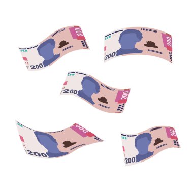 Ukrainian Hryvnia Vector Illustration. Ukraine money set bundle banknotes. Falling, flying money 200 UAH. Flat style. Isolated on white background. Simple minimal design.