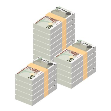 Türk Lira Vektör İllüstrasyonu. Hindi parası demet banknotlar hazırladı. Kağıt para 20 deneme. Düz stil. Beyaz arka planda izole edilmiş. Basit minimal tasarım.